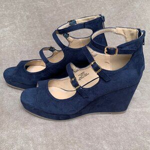 Journee Collection Navy Blue Microsuede Strappy Demi Wedges